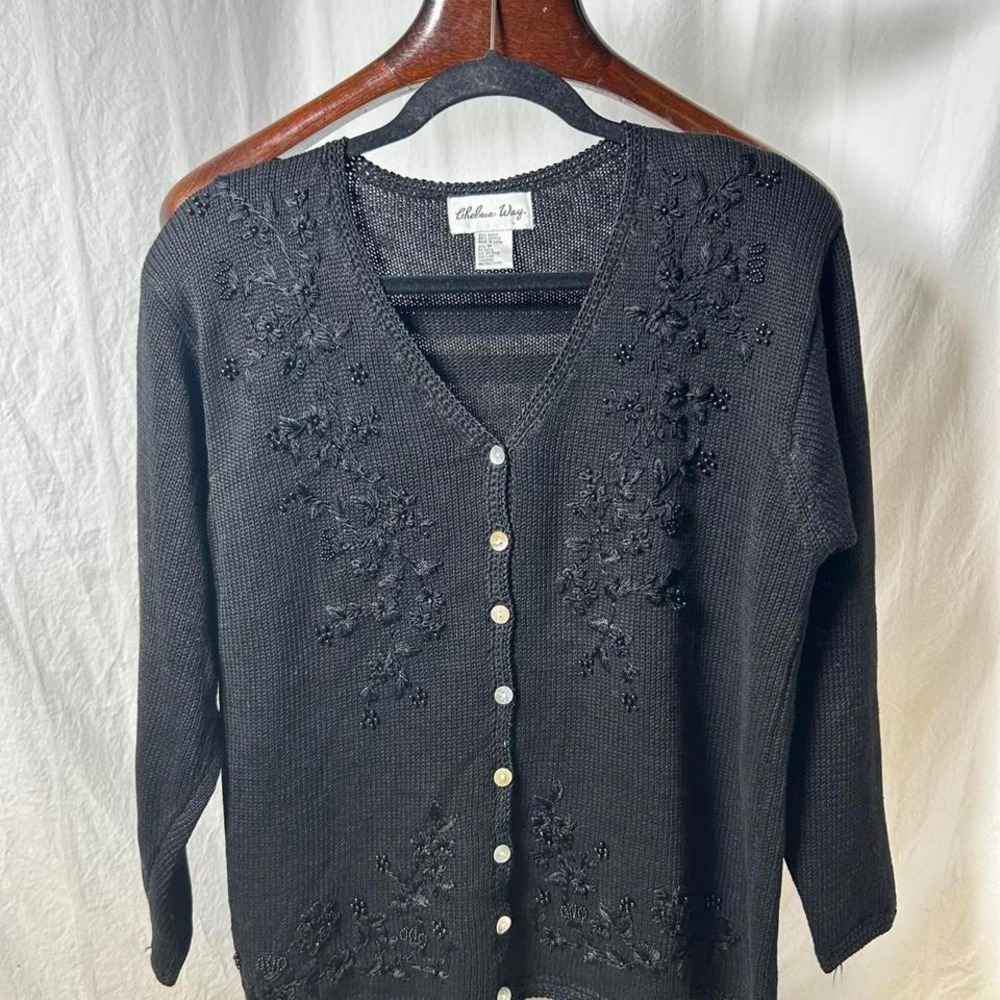 Vintage 90's Chelsea Way Beaded Cardigan Holiday  Sweater M Black‎ embroidered